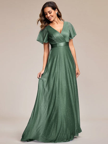 ever LIORÉ|Glitter Short Sleeve V-Neck  A-Line Wedding Guest Dress