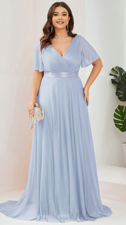 ever LIORÉ|Plus Size V Neck Ribbon Waist Formal Evening Dress With Sleeves