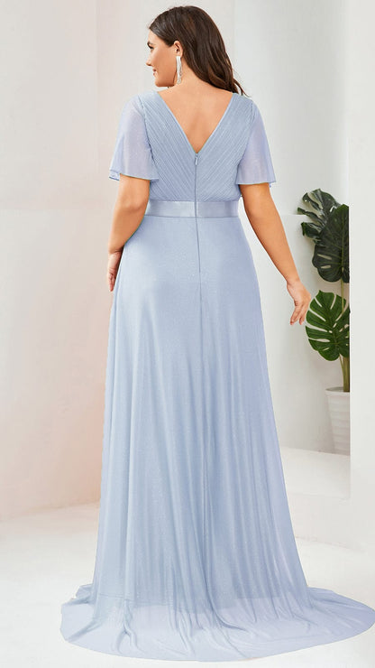 ever LIORÉ|Plus Size V Neck Ribbon Waist Formal Evening Dress With Sleeves