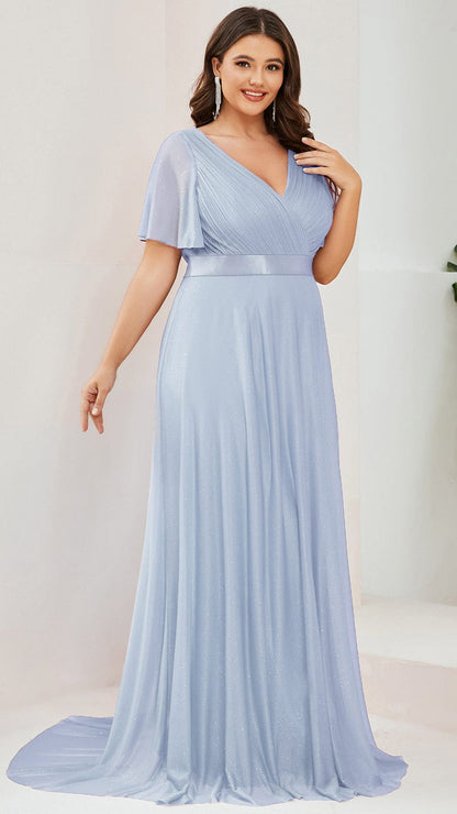 ever LIORÉ|Plus Size V Neck Ribbon Waist Formal Evening Dress With Sleeves