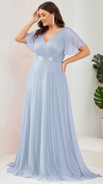 ever LIORÉ|Plus Size V Neck Ribbon Waist Formal Evening Dress With Sleeves
