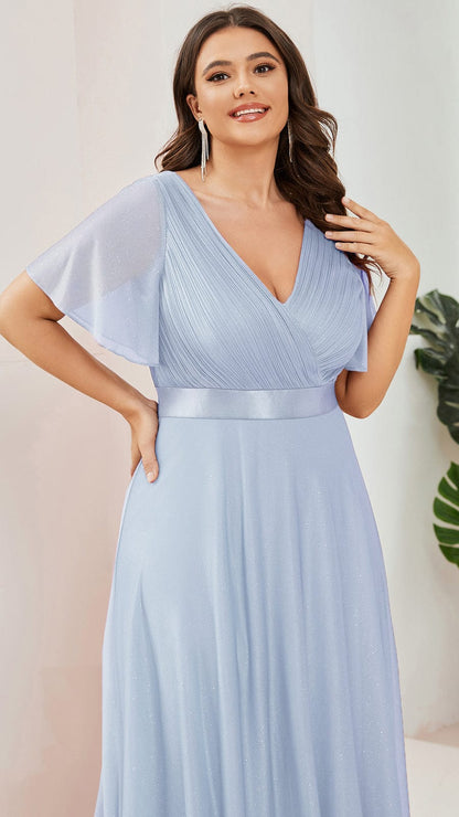 ever LIORÉ|Plus Size V Neck Ribbon Waist Formal Evening Dress With Sleeves