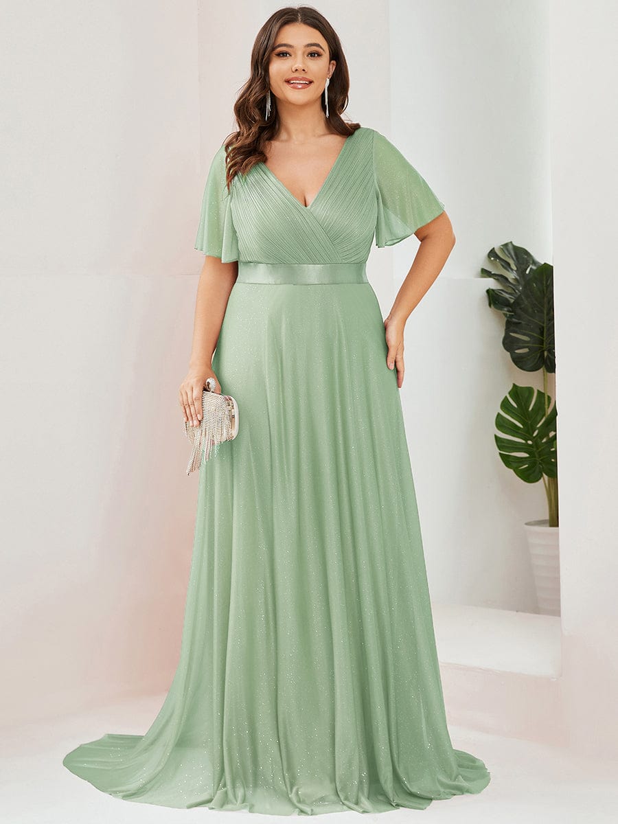 ever LIORÉ|Plus Size V Neck Ribbon Waist Formal Evening Dress With Sleeves