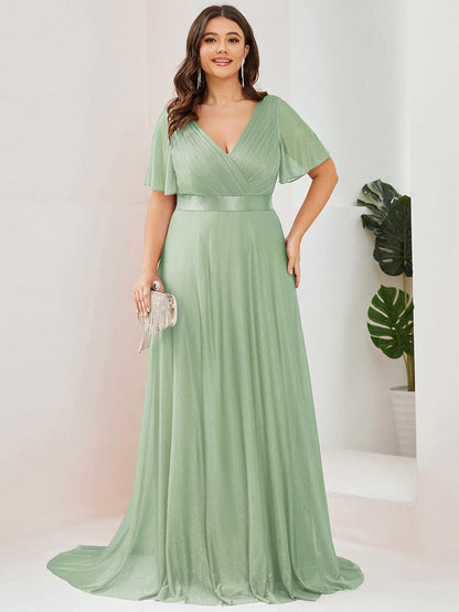 ever LIORÉ|Plus Size V Neck Ribbon Waist Formal Evening Dress With Sleeves