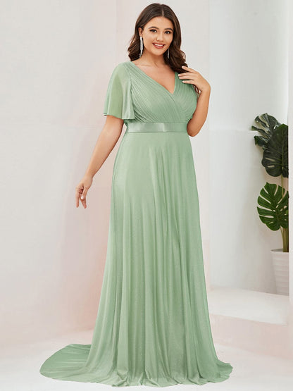 ever LIORÉ|Plus Size V Neck Ribbon Waist Formal Evening Dress With Sleeves