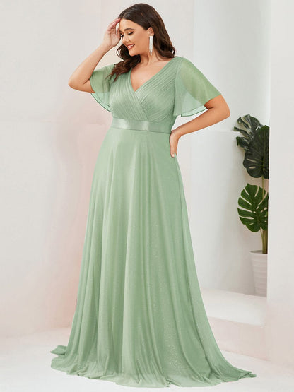 ever LIORÉ|Plus Size V Neck Ribbon Waist Formal Evening Dress With Sleeves