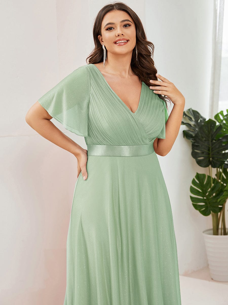 ever LIORÉ|Plus Size V Neck Ribbon Waist Formal Evening Dress With Sleeves