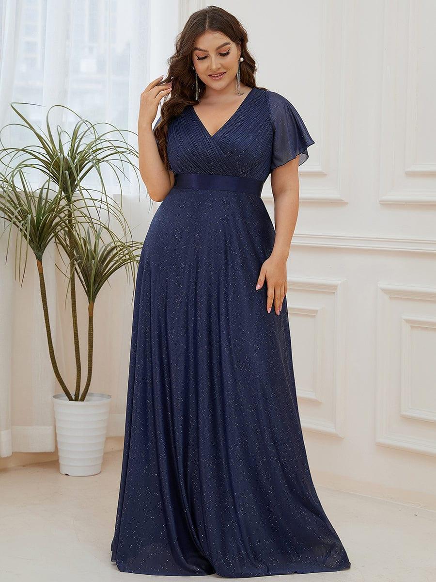 ever LIORÉ|Plus Size V Neck Ribbon Waist Formal Evening Dress With Sleeves
