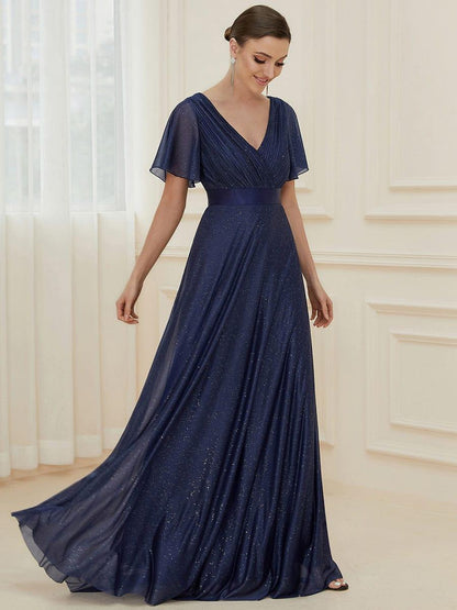 ever LIORÉ|Sparkling Short Sleeve V-Neck Ribbon Waist A-Line Bridesmaid Dress