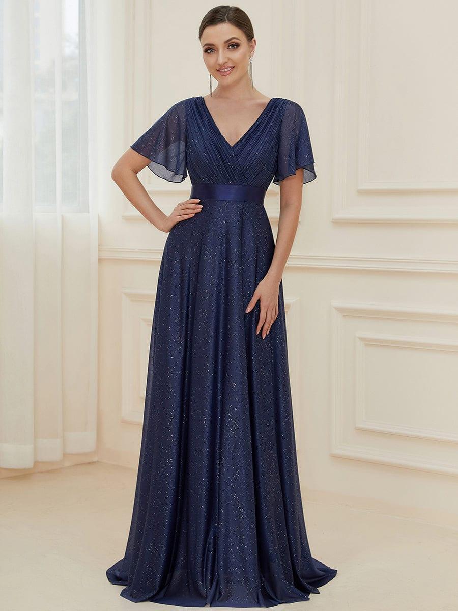 ever LIORÉ|Sparkling Short Sleeve V-Neck Ribbon Waist A-Line Bridesmaid Dress