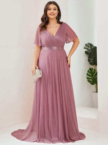 ever LIORÉ|Plus Size V Neck Ribbon Waist Formal Evening Dress With Sleeves