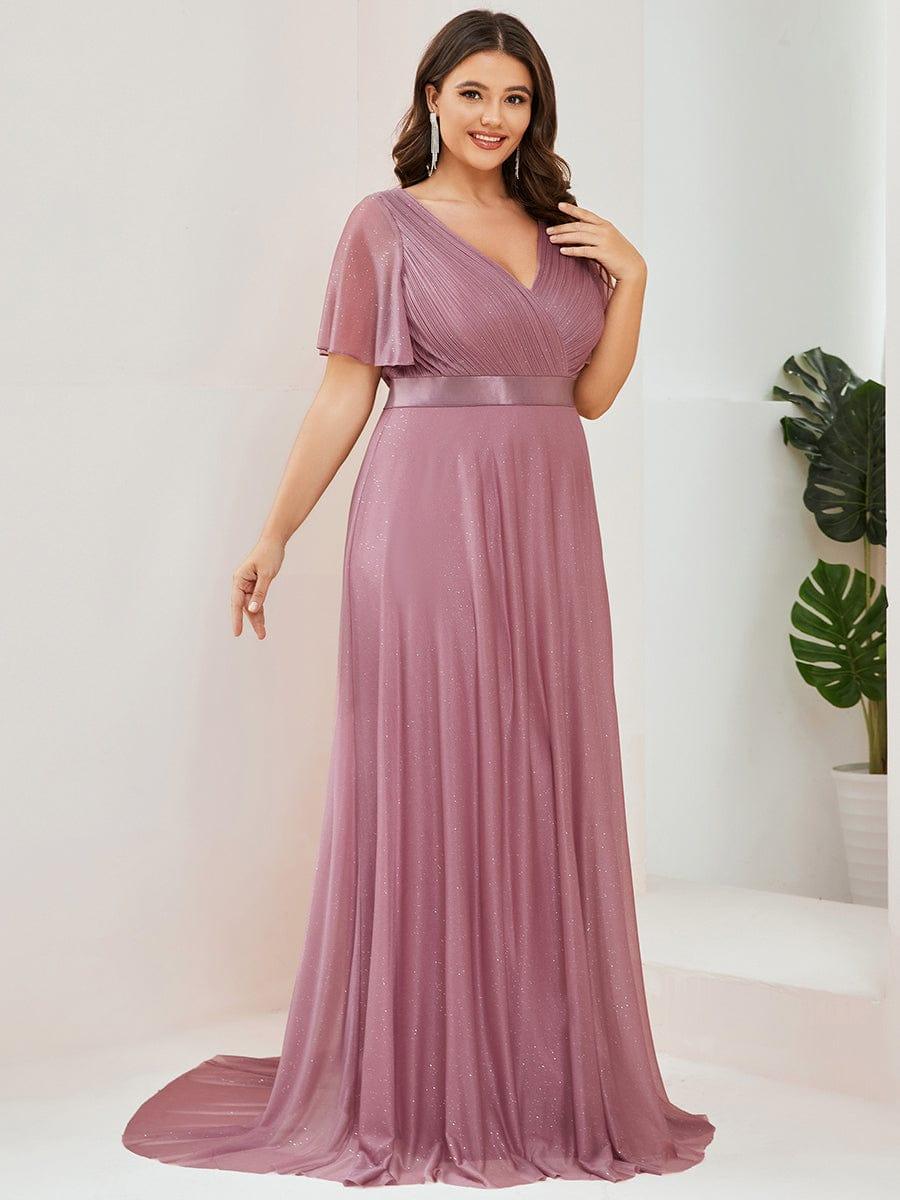 ever LIORÉ|Plus Size V Neck Ribbon Waist Formal Evening Dress With Sleeves