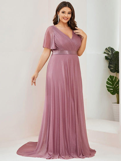 ever LIORÉ|Plus Size V Neck Ribbon Waist Formal Evening Dress With Sleeves