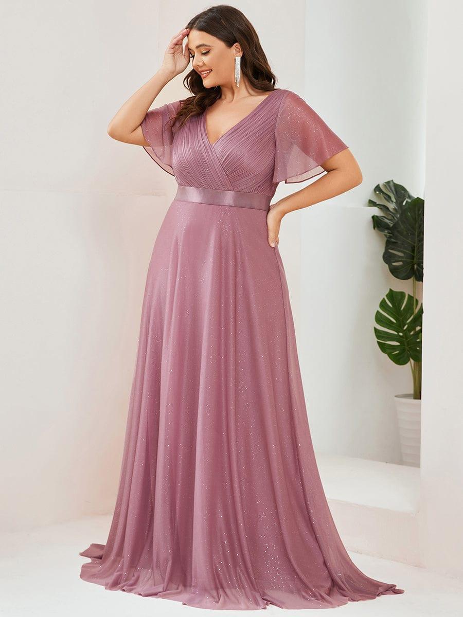 ever LIORÉ|Plus Size V Neck Ribbon Waist Formal Evening Dress With Sleeves