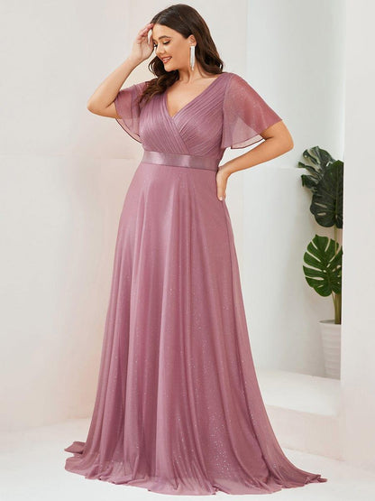 ever LIORÉ|Plus Size V Neck Ribbon Waist Formal Evening Dress With Sleeves