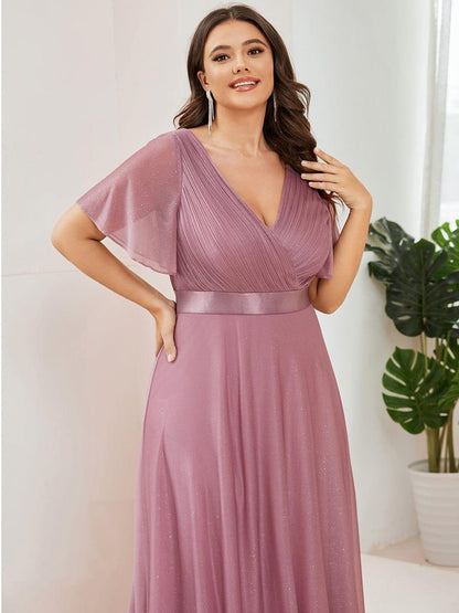 ever LIORÉ|Sparkling Short Sleeve V-Neck Ribbon Waist A-Line Bridesmaid Dress