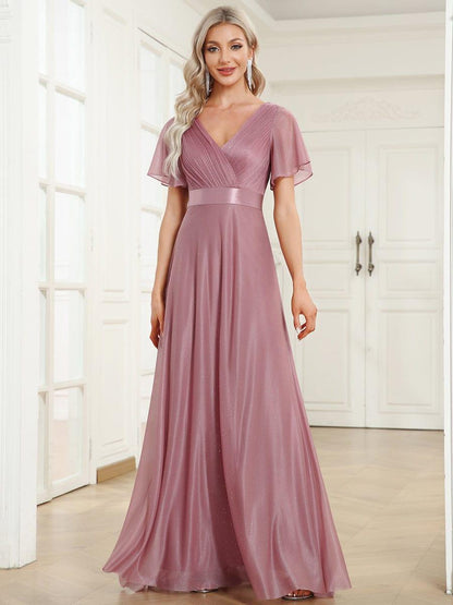 ever LIORÉ|Sparkling Short Sleeve V-Neck Ribbon Waist A-Line Bridesmaid Dress