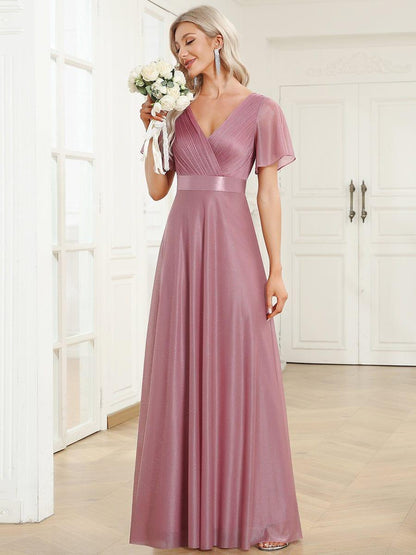 ever LIORÉ|Sparkling Short Sleeve V-Neck Ribbon Waist A-Line Bridesmaid Dress