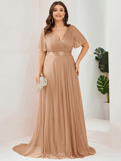 ever LIORÉ|Plus Size V Neck Ribbon Waist Formal Evening Dress With Sleeves