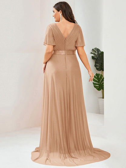 ever LIORÉ|Plus Size V Neck Ribbon Waist Formal Evening Dress With Sleeves
