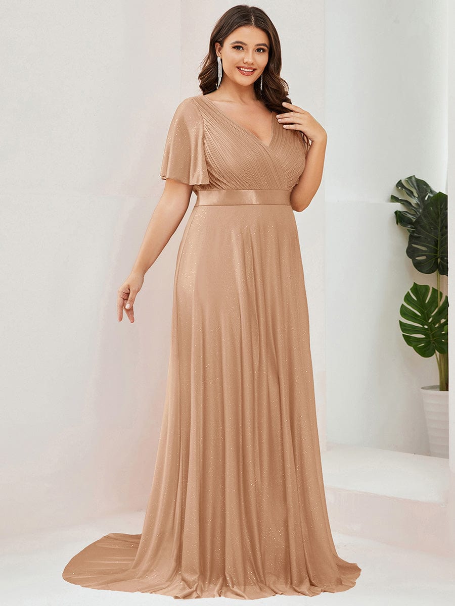 ever LIORÉ|Plus Size V Neck Ribbon Waist Formal Evening Dress With Sleeves
