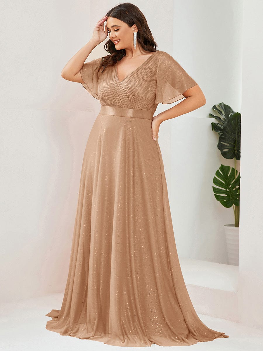 ever LIORÉ|Plus Size V Neck Ribbon Waist Formal Evening Dress With Sleeves