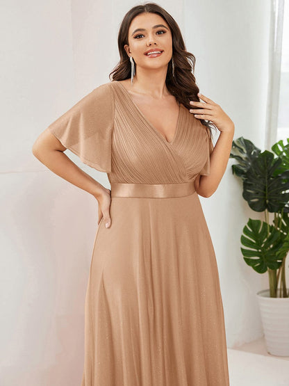 ever LIORÉ|Plus Size V Neck Ribbon Waist Formal Evening Dress With Sleeves