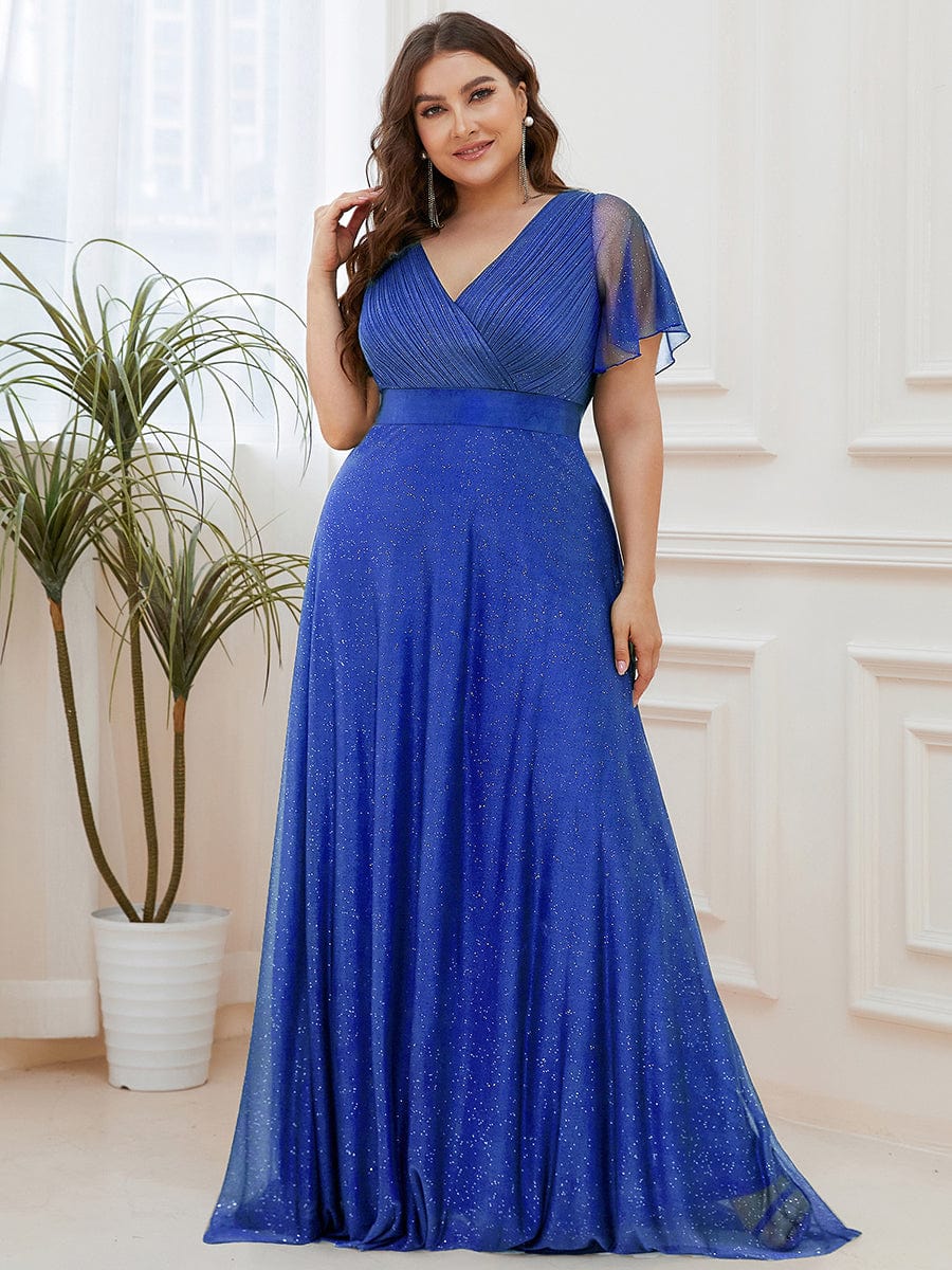ever LIORÉ|Plus Size V Neck Ribbon Waist Formal Evening Dress With Sleeves