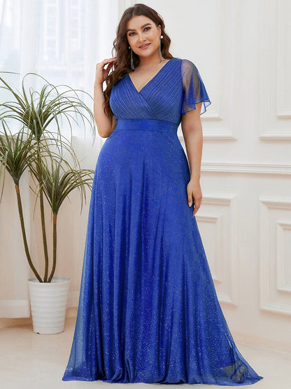 ever LIORÉ|Plus Size V Neck Ribbon Waist Formal Evening Dress With Sleeves