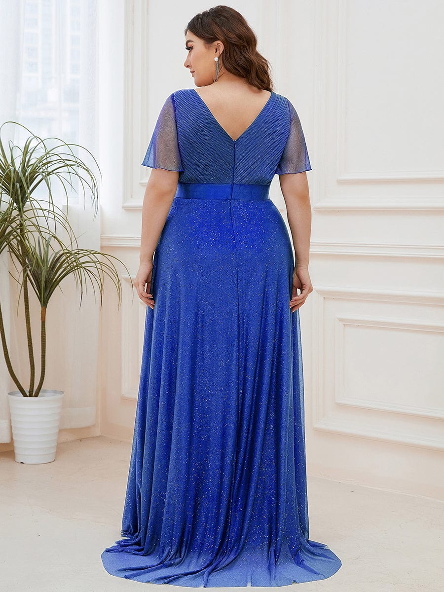 ever LIORÉ|Plus Size V Neck Ribbon Waist Formal Evening Dress With Sleeves