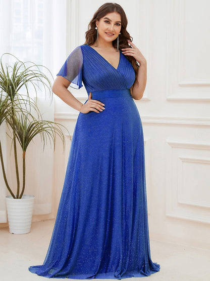 ever LIORÉ|Plus Size V Neck Ribbon Waist Formal Evening Dress With Sleeves