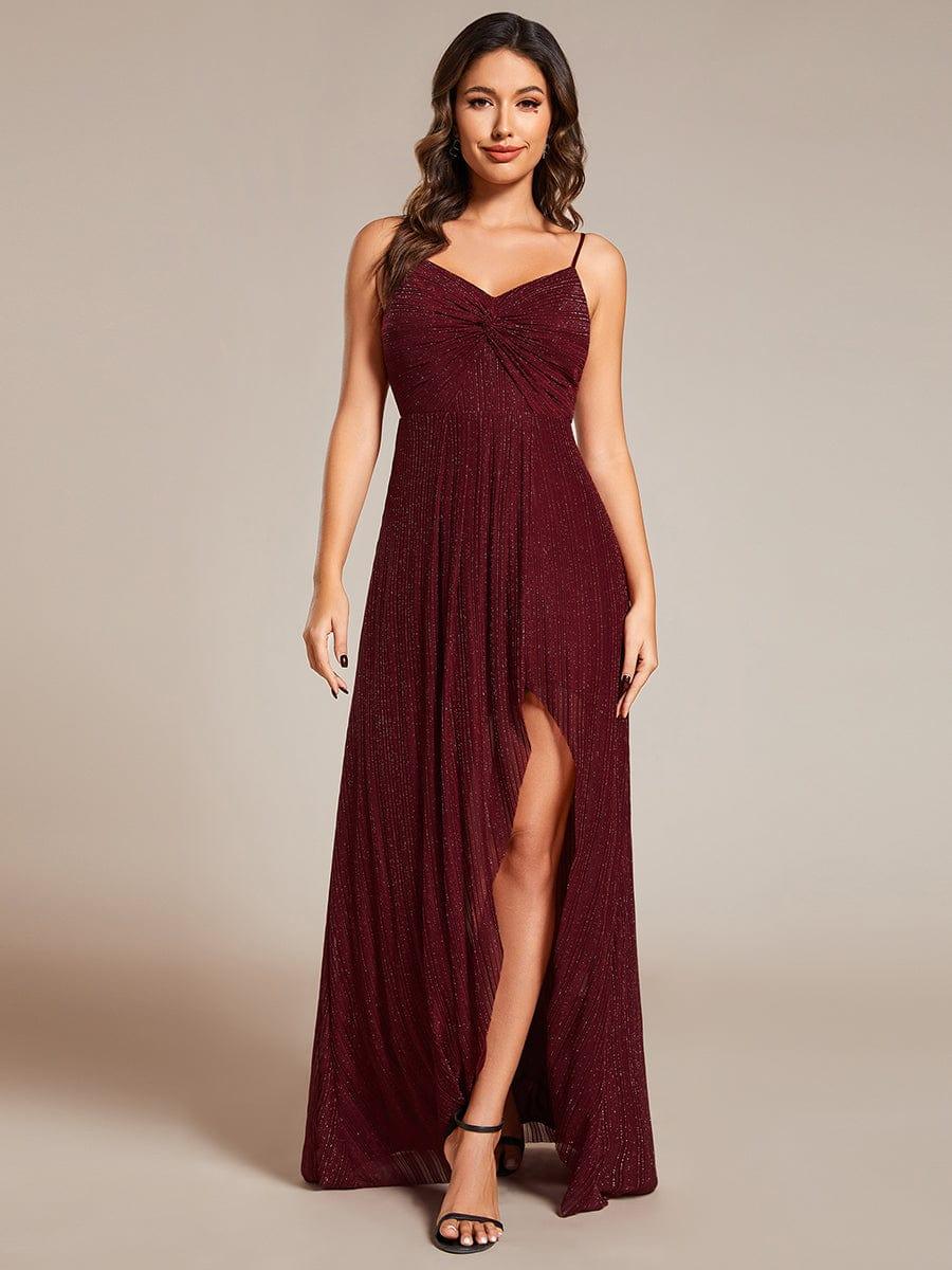 Elegant High Slit V-Neck Sleeveless Formal Evening Dress with Pleating