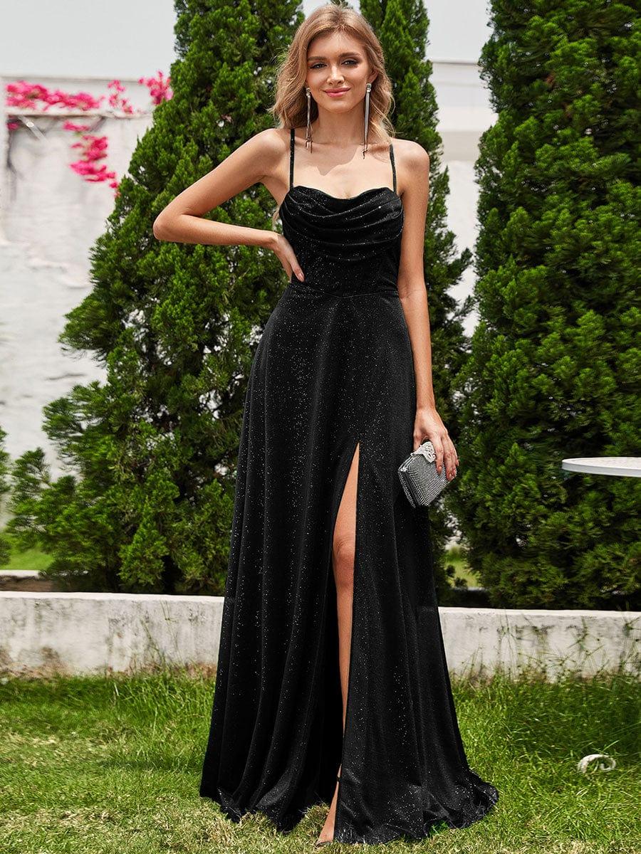 ever LEIGHTON|Sparkling Sleeveless Cowl Neck Evening Dress with High Slit