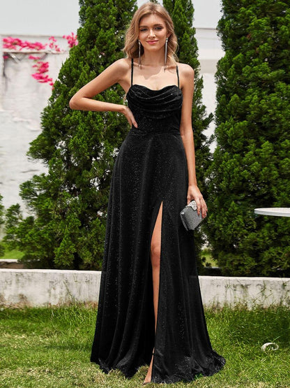 ever LEIGHTON|Sparkling Sleeveless Cowl Neck Evening Dress with High Slit