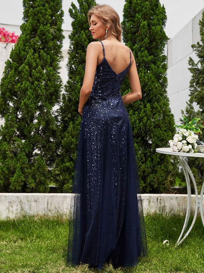 ever BERKLYN|Sequined Tulle High-Waisted A-Line Sleeveless Evening Dress with V-Neck