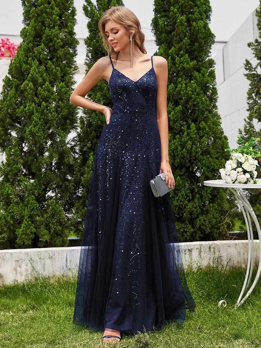 ever BERKLYN|Sequined Tulle High-Waisted A-Line Sleeveless Evening Dress with V-Neck