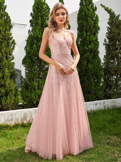 ever BERKLYN|Sequined Tulle High-Waisted A-Line Sleeveless Evening Dress with V-Neck