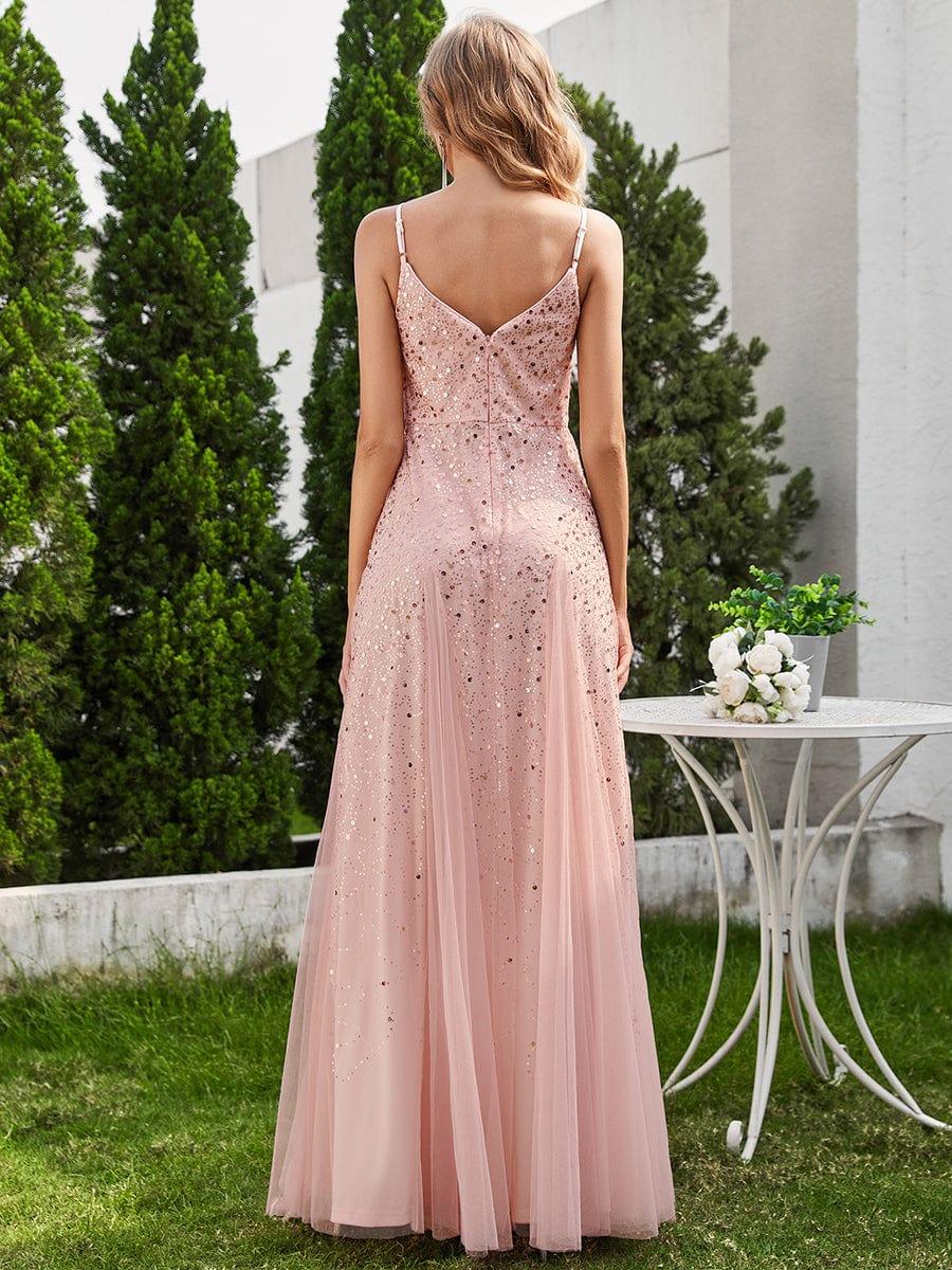 ever BERKLYN|Sequined Tulle High-Waisted A-Line Sleeveless Evening Dress with V-Neck