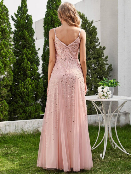 ever BERKLYN|Sequined Tulle High-Waisted A-Line Sleeveless Evening Dress with V-Neck