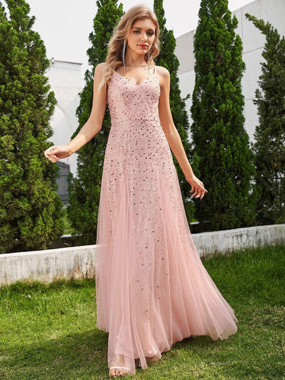 ever BERKLYN|Sequined Tulle High-Waisted A-Line Sleeveless Evening Dress with V-Neck