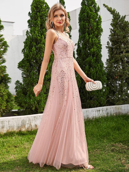 ever BERKLYN|Sequined Tulle High-Waisted A-Line Sleeveless Evening Dress with V-Neck