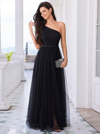 One-Shoulder Embellished Tulle Formal Evening Dress
