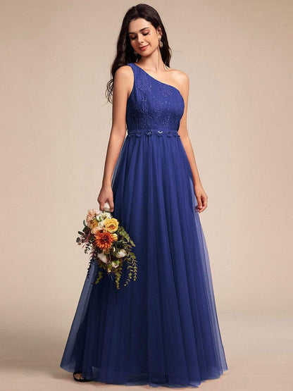One-Shoulder Embellished Tulle Formal Evening Dress