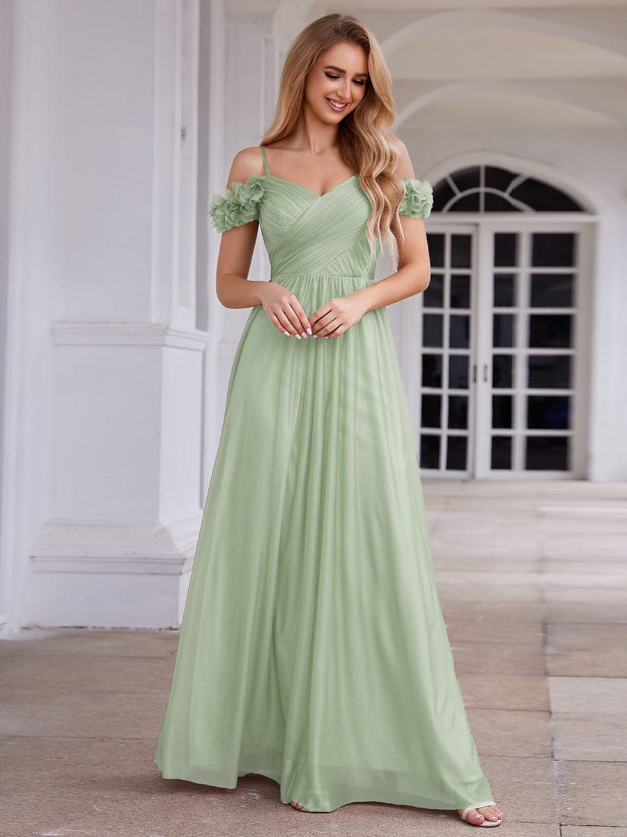 ever AYLANI|Sparkling V-Neck Floral Cold-Shoulder Evening Dress with Pleated