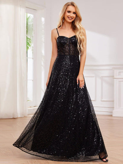 ever TAYTUM|Elegant Sequin Spaghetti Strap See-Through Formal Evening Dress