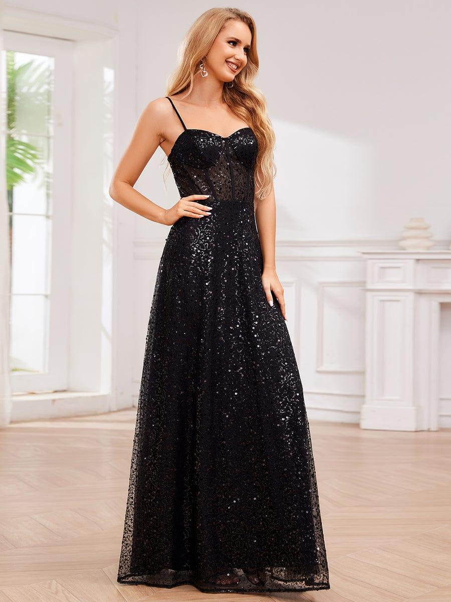 ever TAYTUM|Elegant Sequin Spaghetti Strap See-Through Formal Evening Dress