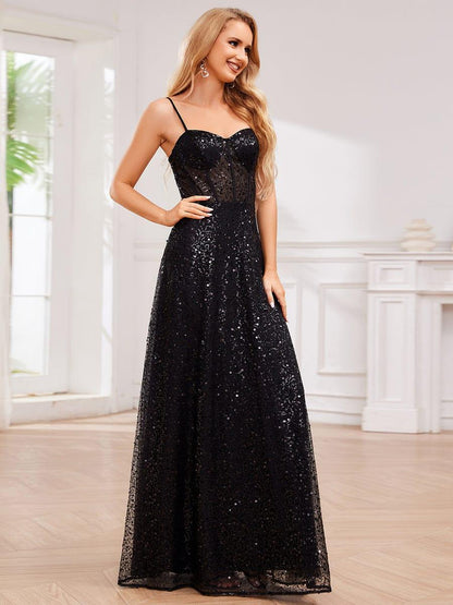ever TAYTUM|Elegant Sequin Spaghetti Strap See-Through Formal Evening Dress