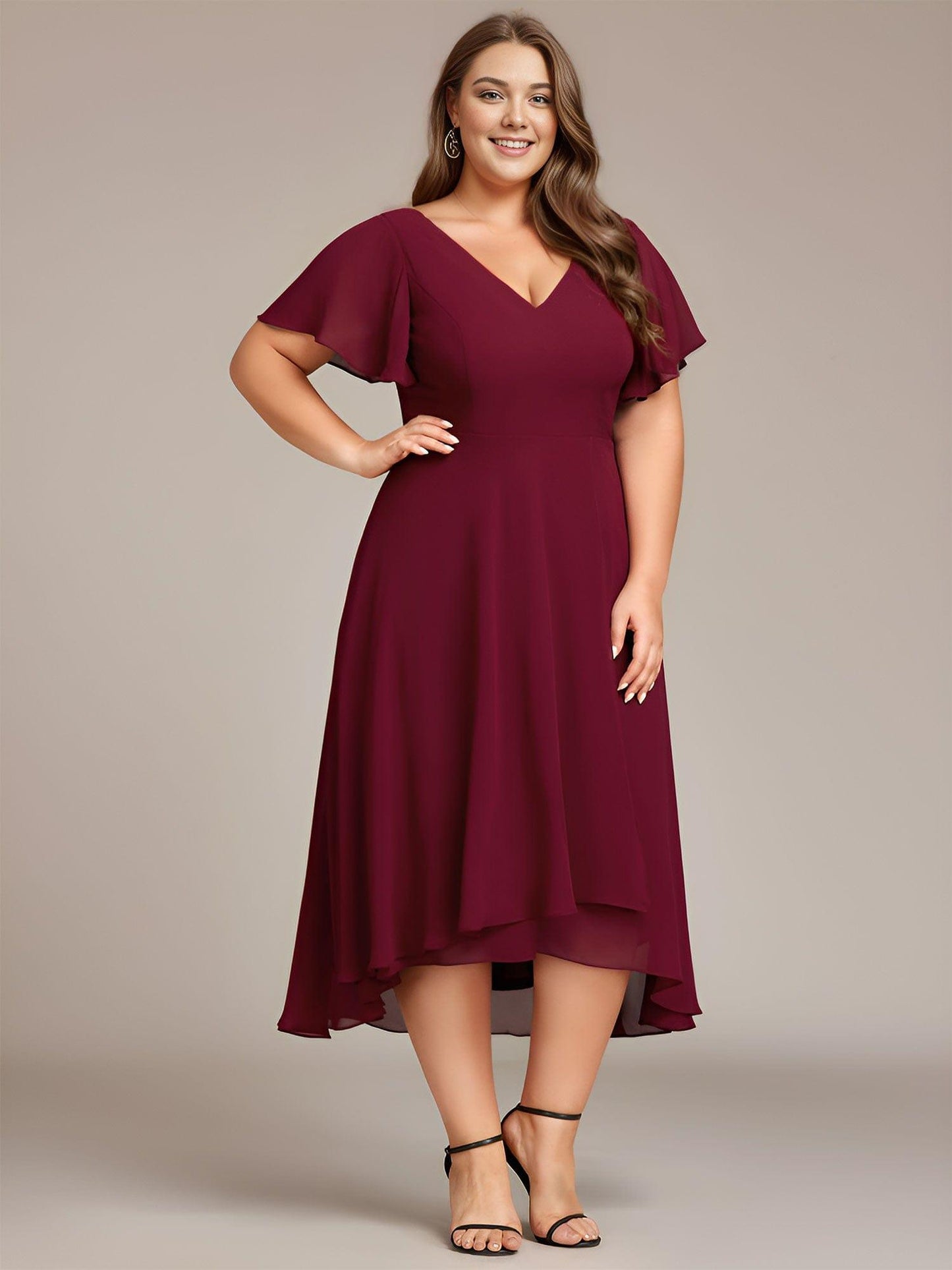 pretty AALIA|Plus Size Flowing Chiffon V-Neck Ruffle Sleeves Bridesmaid Dress