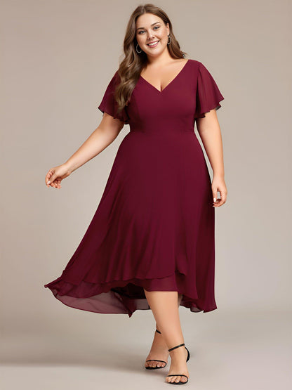 pretty AALIA|Plus Size Flowing Chiffon V-Neck Ruffle Sleeves Bridesmaid Dress