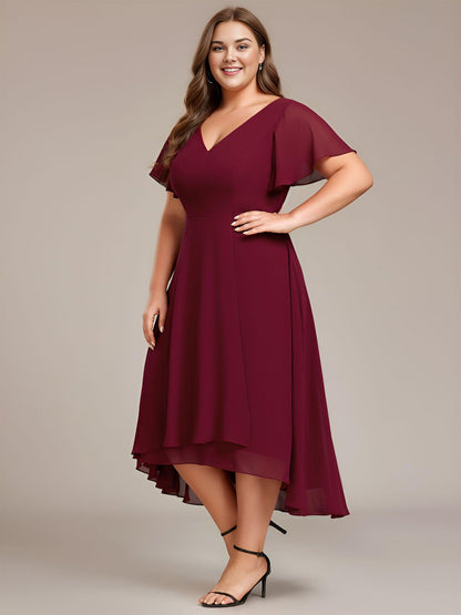 pretty AALIA|Plus Size Flowing Chiffon V-Neck Ruffle Sleeves Bridesmaid Dress